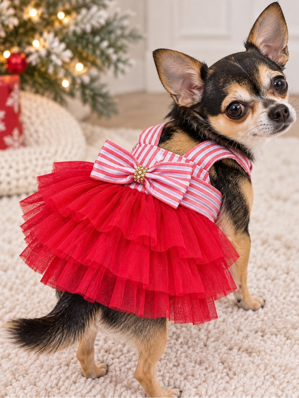 Dog Christmas Dress Red White Striped Candy Cane Ruffle Pet Clothes